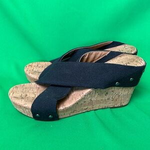 Lucky Brand Makayla Wedge Cork Platform Navy Textile Crisscross Strap Sandals